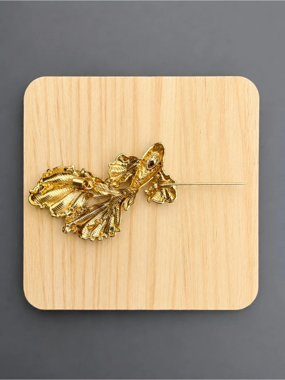 Blue Betta Fish Brooch Enamel Pearl Crystal Gold Tone Statement Pin Gift